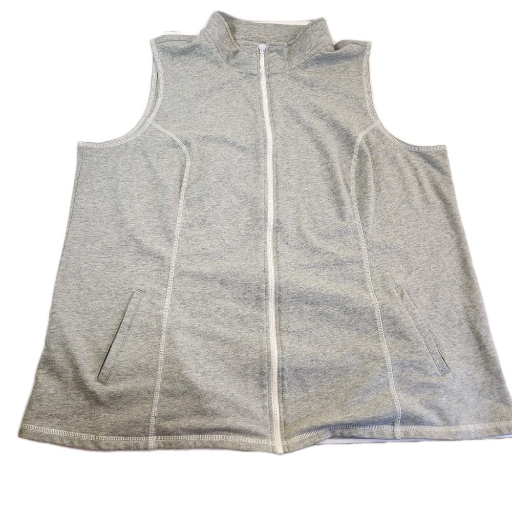 Quacker Factory Womens Cotton Full Zip Vest Sz 2X Gray Top Rhinestones & Pockets